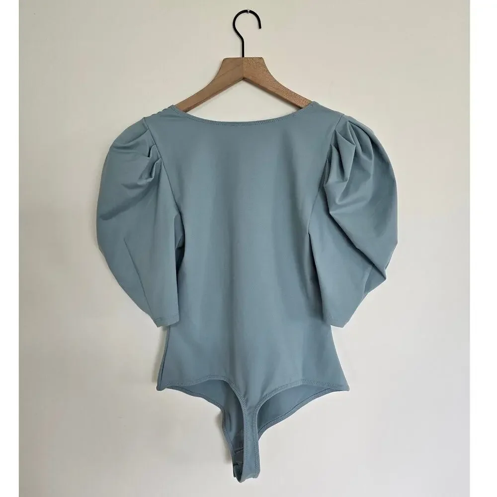 Free People Va Va Voop Bodysuit Blue Puff Sleeve Deep V NWOT Size M - Picture 3 of 6